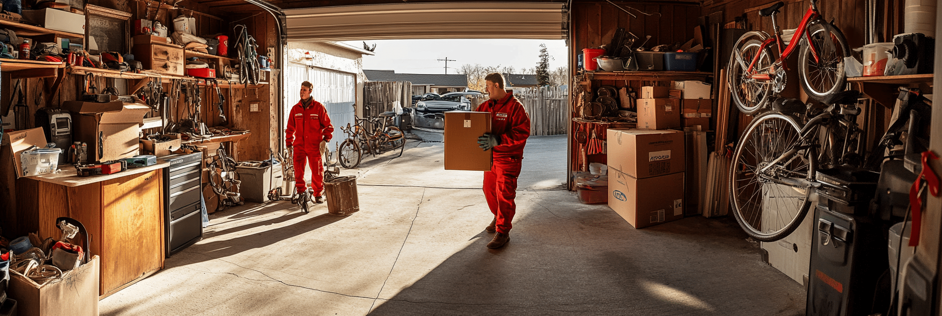 Équipe en tenue rouge vidant un garage rempli d’objets encombrants.