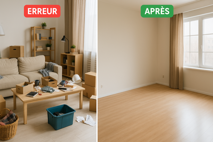 Salon en désordre avant et après débarras