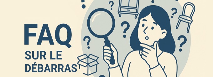 Illustration d’une FAQ sur le débarras avec personnage et objets courants
