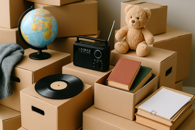 Boîtes de déménagement contenant des objets personnels : globe, peluche, vinyle, livres, radio