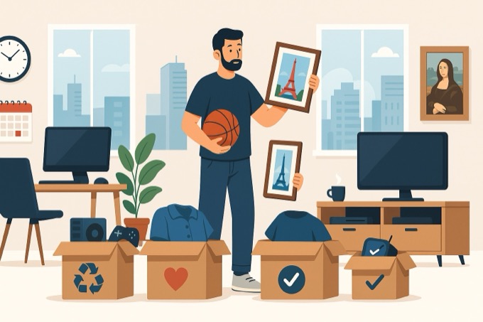 Illustration homme triant ses affaires dans un appartement moderne