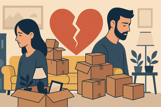 separation-debarras Couple en séparation entouré de cartons