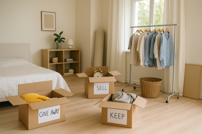Chambre en cours de tri avec cartons pour donner, garder et vendre