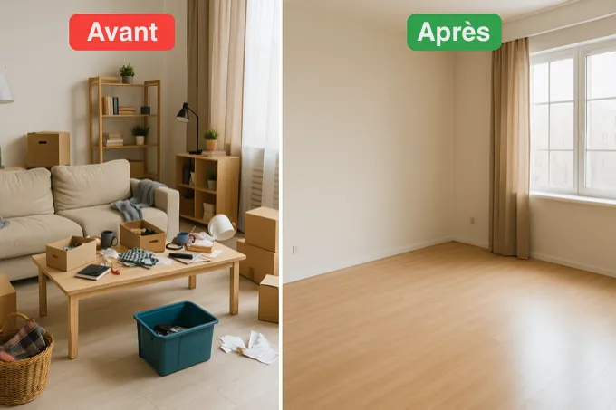 Comparatif visuel avant et après un débarras maison : salon encombré puis vide et propre