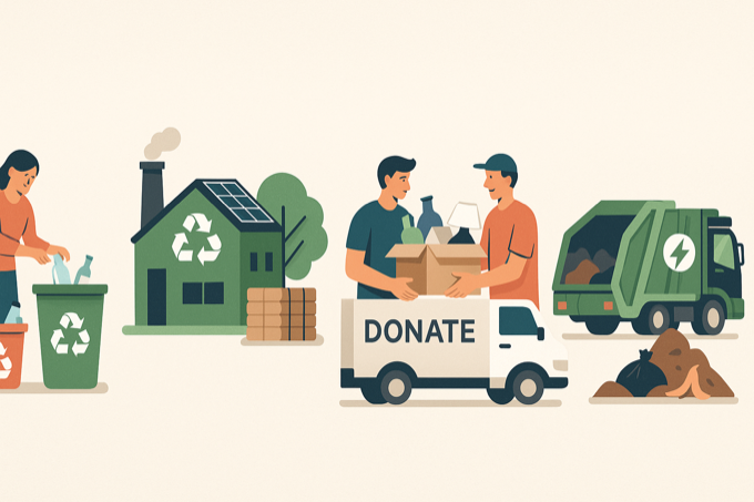 Illustration d’un débarras écologique avec tri, recyclage et transport propre