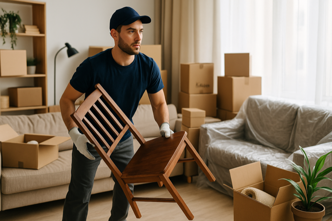 Débarrasseur soulevant une chaise dans un salon rempli de cartons