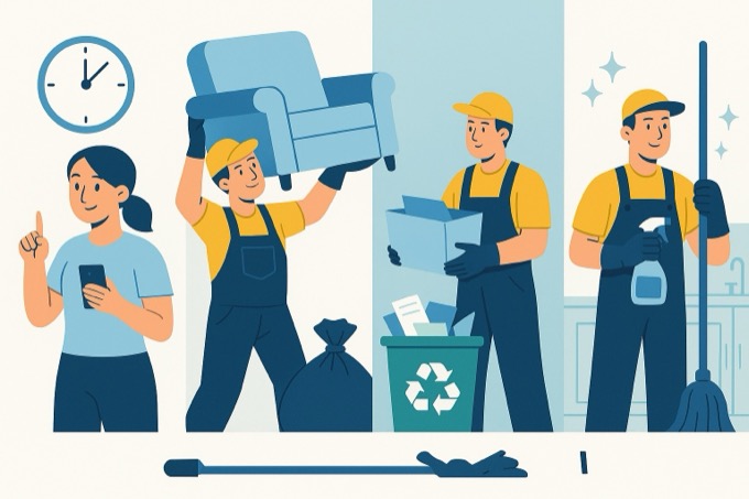 Illustration des avantages d’un débarras professionnel : gain de temps, sécurité, tri écologique et nettoyage inclus