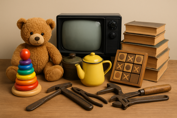 Composition d’objets anciens valorisables : ours en peluche, outils, livres, télé rétro