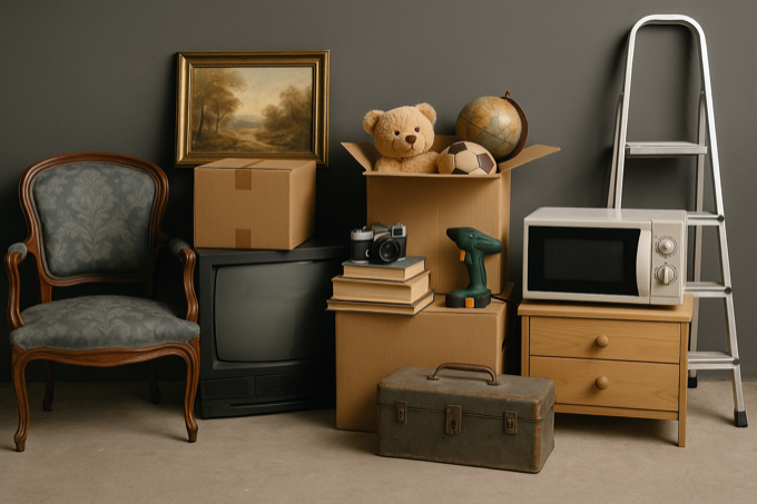 objets-a-valoriser-debarras Objets variés retrouvés dans un débarras : meubles, jouets, livres, outils, électroménager
