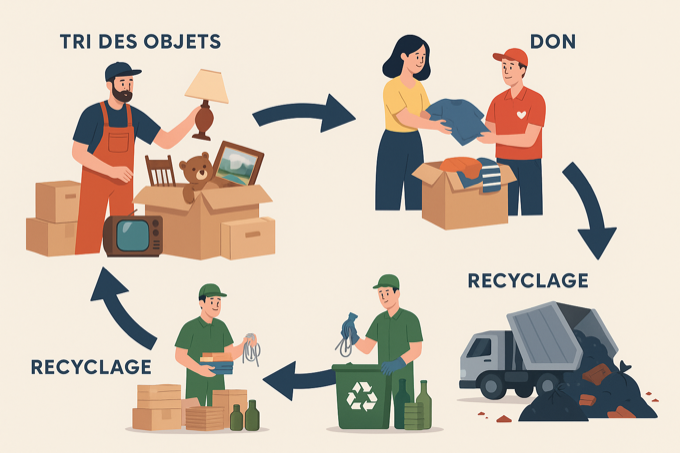 parcours-objets-debarras Illustration du tri, don, recyclage et mise en décharge des objets d’un débarras